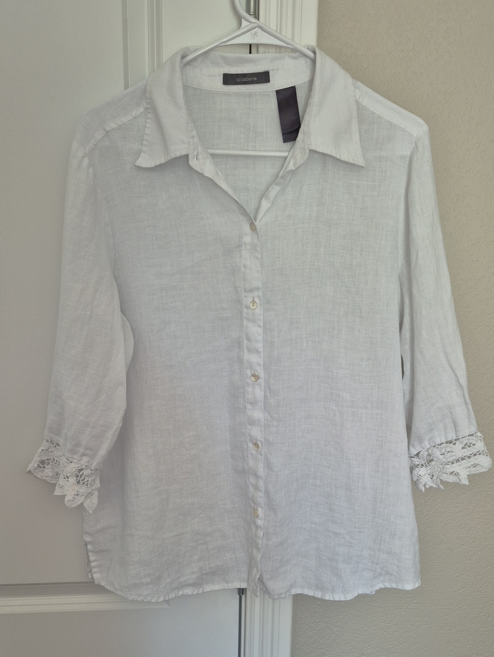 Liz Claiborne White Linen Button-Up Shirt with Lace Cuffs -  Women Shirts